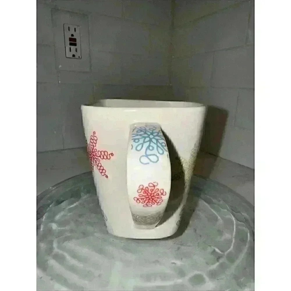 Starbucks 2005 Whimsical Holiday Square Coffee Mug Cup Snowflakes Stars 10 Oz